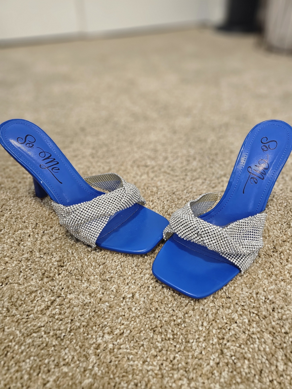 So Me Cobalt Blue Rhinestone Slip-On Mules